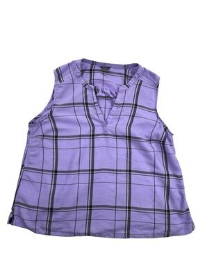 Eddie Bauer Sleeveless Plaid V-Neck Top Lavender Purple Windowpane Size Large